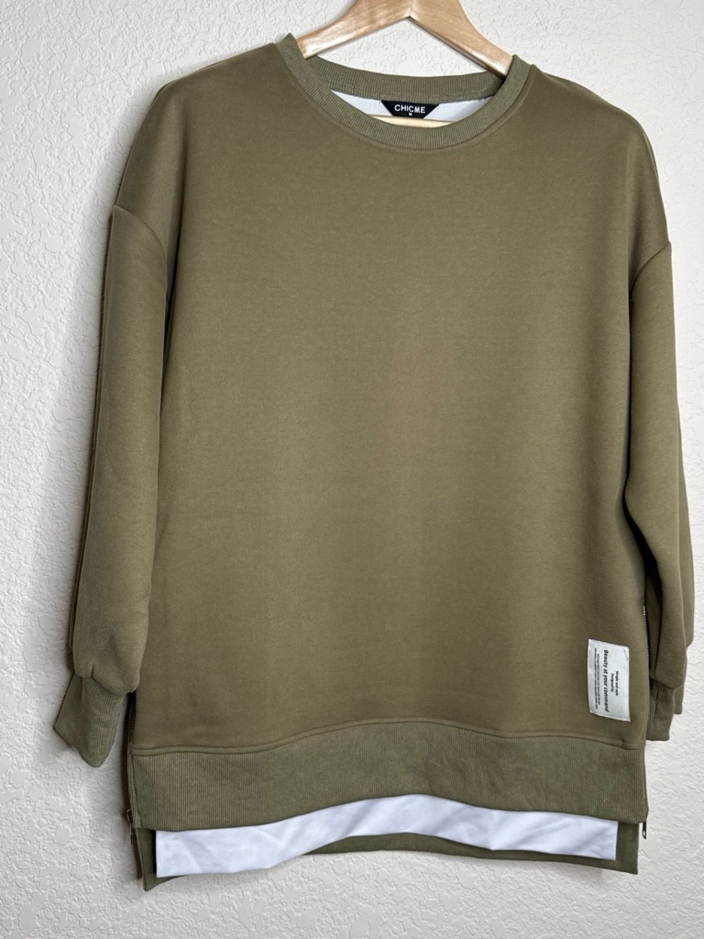 ChicMe Olive Green Oversized Layered Sweatshirt Side Zip Sz M NWOT